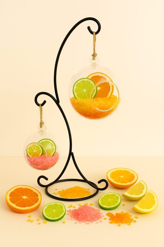 Stikla vāze ar dekoratīvo jūras sāli uz statīva CITRUSAUGĻI, oranžs